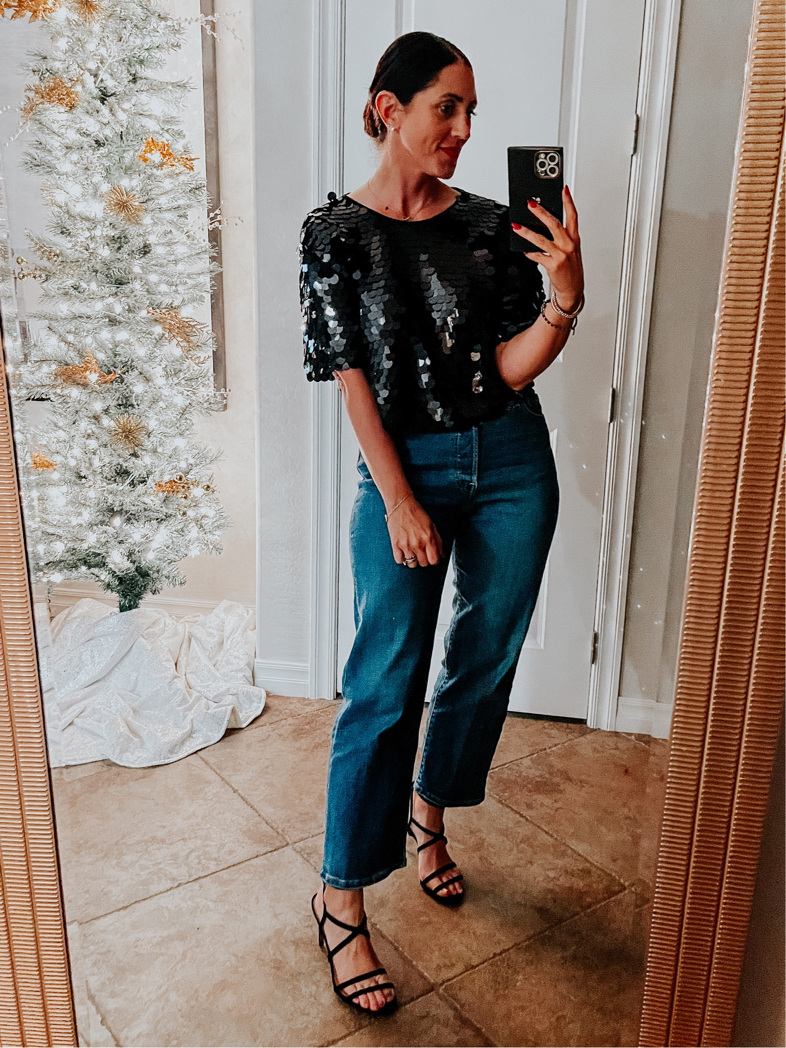 Sequin pailette top - size small 🖤
Straight leg jeans - size 27 
Strappy black heels 

Dressy casual outfit, date night style, winter outfit idea 

#LTKstyletip #LTKfindsunder50 #LTKshoecrush