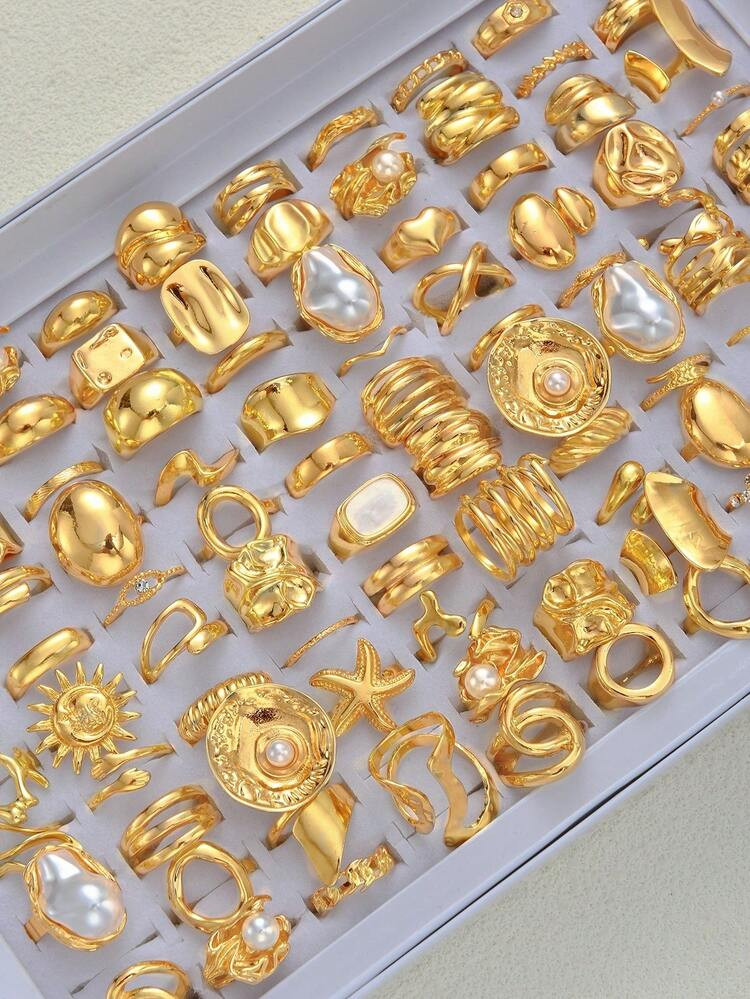 Random 20/15/11/7/3pcs Vintage Fashion Bohemian Metal Faux Pearl Flower Bow Geometric Asymmetrical Twisted Open Rings Set, Elegant Hollow Gift For Women, Suitable For Summer, Vacation, Party, Date, Daily Wear, Anniversary (Assorted Designs) | SHEIN