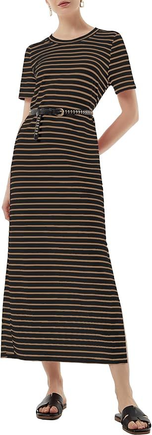 Women's Short Sleeve Double Split Maxi Dress 2024 Summer Casual Plain Striped Loose Long T Shirt ... | Amazon (US)