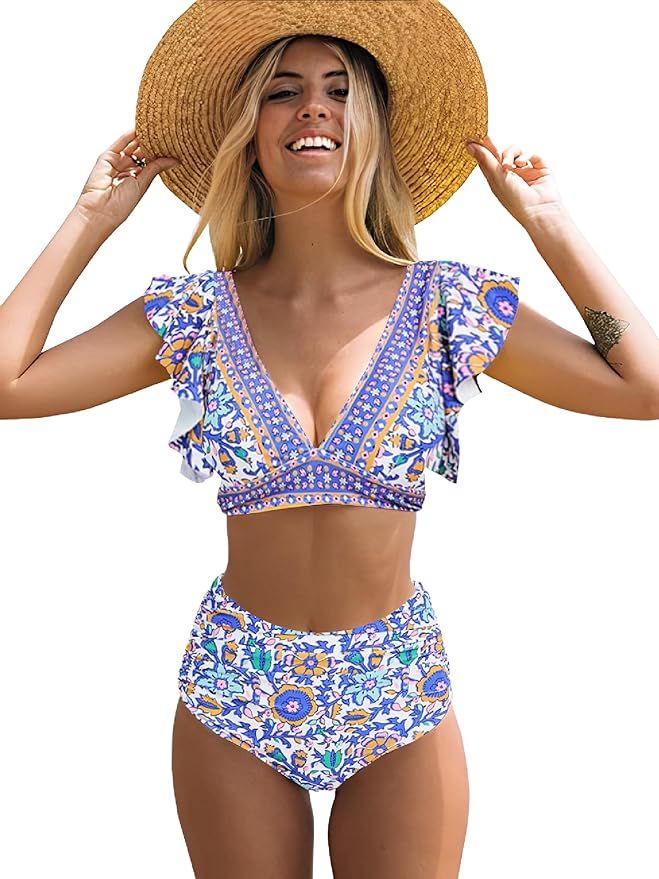 Women Ruffle High Waisted Swimsuit Two Piece Tropical Print Swimsuit Push Up Bathing Suit | Amazon (US)