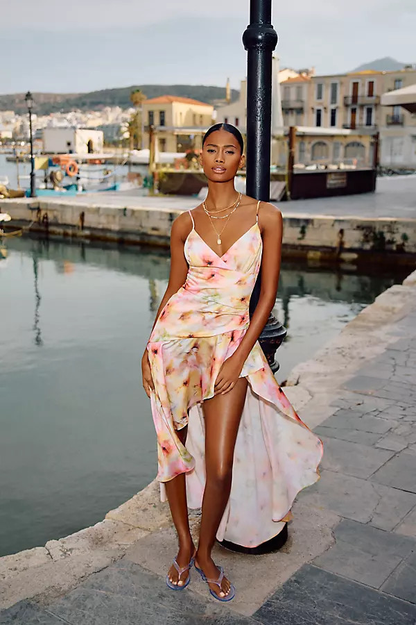 Sorella Printed Satin V-Neck Draped Asymmetric Ruffle Midi Dress | Anthropologie (US)