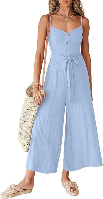 ANRABESS Women's Summer Spaghetti Straps V Neck Smocked Wide Leg Jumpsuits Rompers With Belt | Amazon (US)