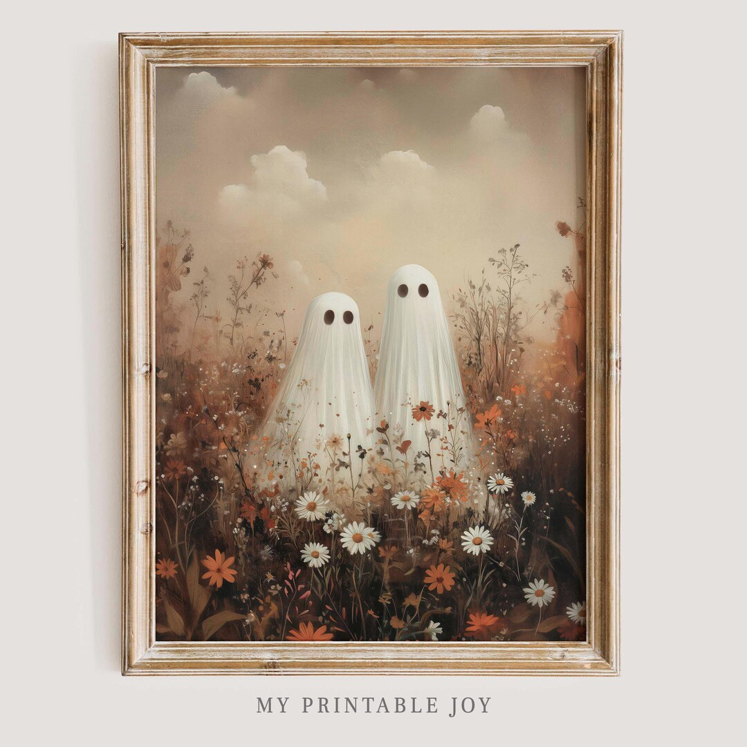 Vintage Cute Ghosts in Wildflower Meadow Print Moody Autumn Decor Cute Halloween Fall Painting Pr... | Etsy (US)