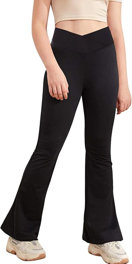 Girl's Leggings Cross High Waisted Flare Pants Yoga Bootcut Pants Solid Color Full Length Bell Bo... | Amazon (US)