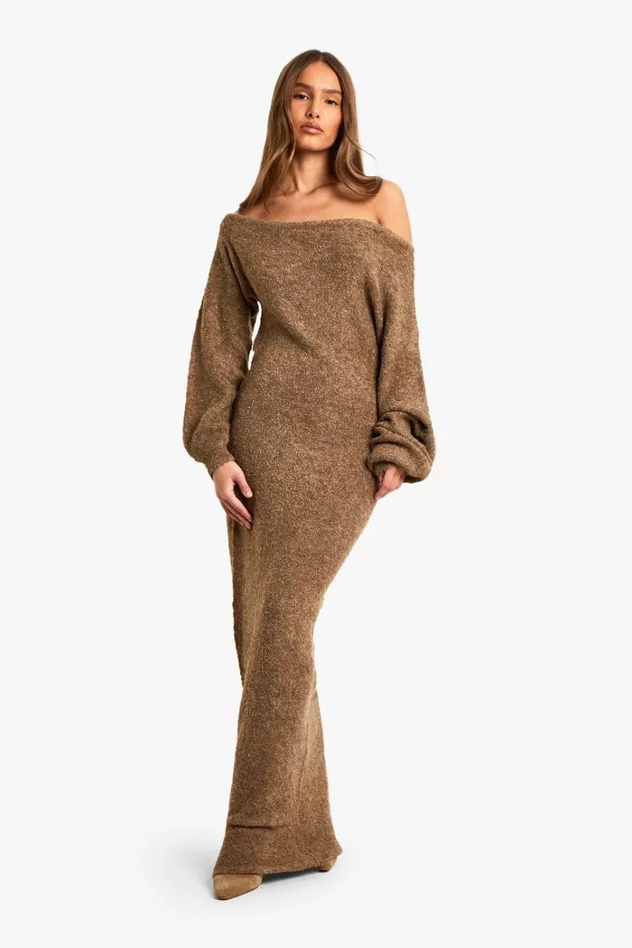Off The Shoulder Borg Knitted Maxi Dress | boohoo (US & Canada)