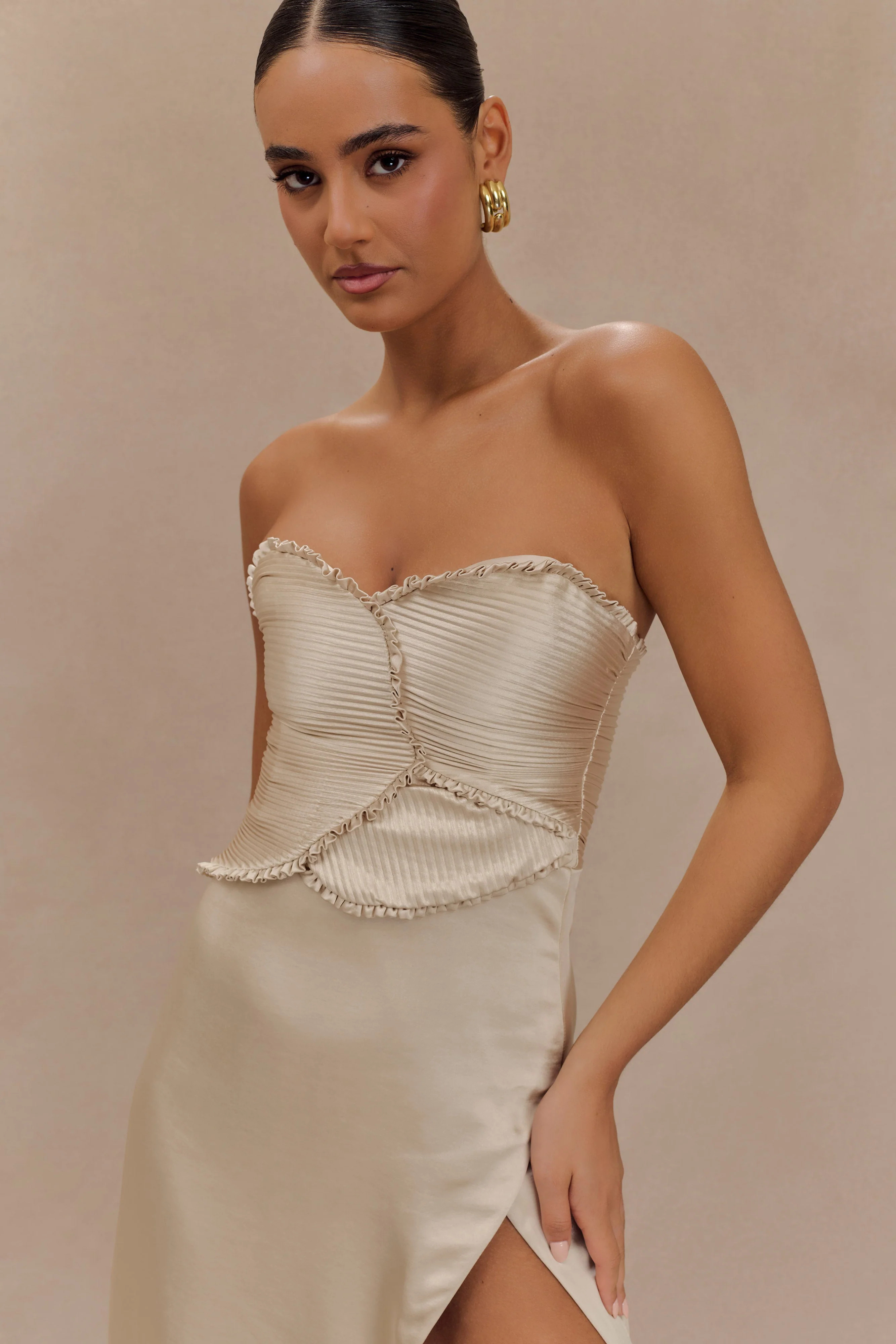 Satin Maxi Dress With Ruched Petals - Champagne | MESHKI US