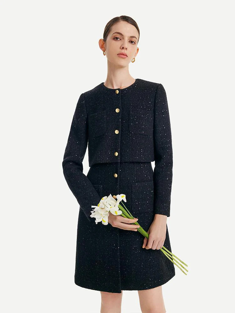 Tweed Fake Two-piece Tailored Wool Dress | GOELIA
