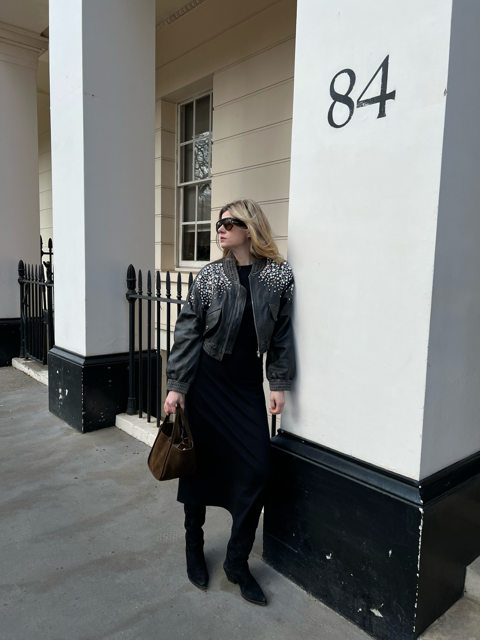 Black midi dress, spring outfit, tom Ford sunglasses, midi dress, bucket bag, black outfit, leather jacket 

#LTKuk #LTKspring #LTKeurope