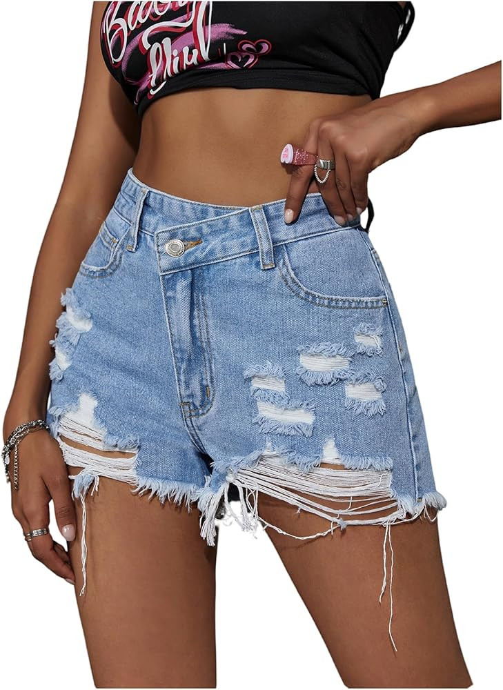 Floerns Women's High Waisted Distressed Denim Shorts Ripped Y2k Mini Jean Shorts | Amazon (US)