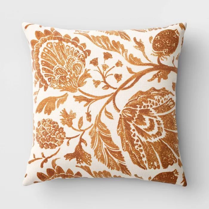 Square Floral Printed Jacobean Throw Pillow Cream/Brown - Threshold™ | Target