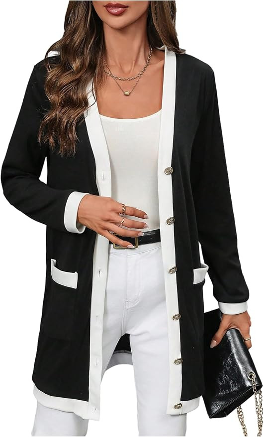 SOLY HUX Women's Color Block Cardigan V Neck Button Down Long Sleeve Jacket Outerwear with Pocket... | Amazon (US)