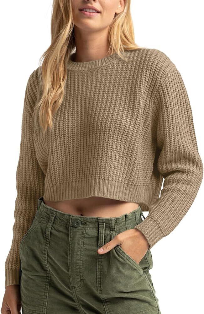 Jumppmile Women's Cropped Sweater Knit Long Sleeve Crewneck Soft Pullover Sweater Top | Amazon (US)