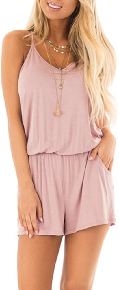 REORIA Womens Summer Loose V Neck Spaghetti Strap Short Jumpsuit Rompers | Amazon (US)