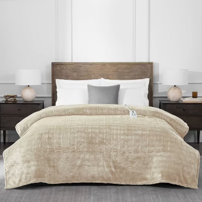 Brookstone Twin Heated Micro Herringbone Blanket Taupe | Target