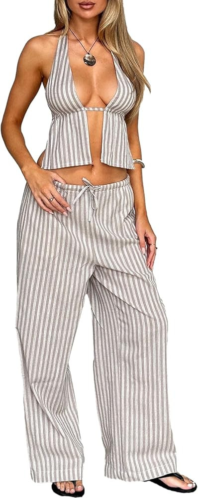 Women 2 Piece Outfits Tie Backless Crop Halter Top and Wide Leg Pants Suit Sexy Sleeveless Loose ... | Amazon (US)