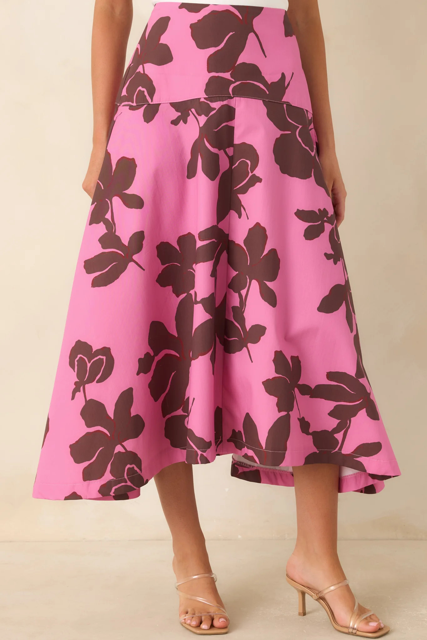 Worth Making Plans For Pink & Brown Floral Cotton Midi Skirt | Red Dress