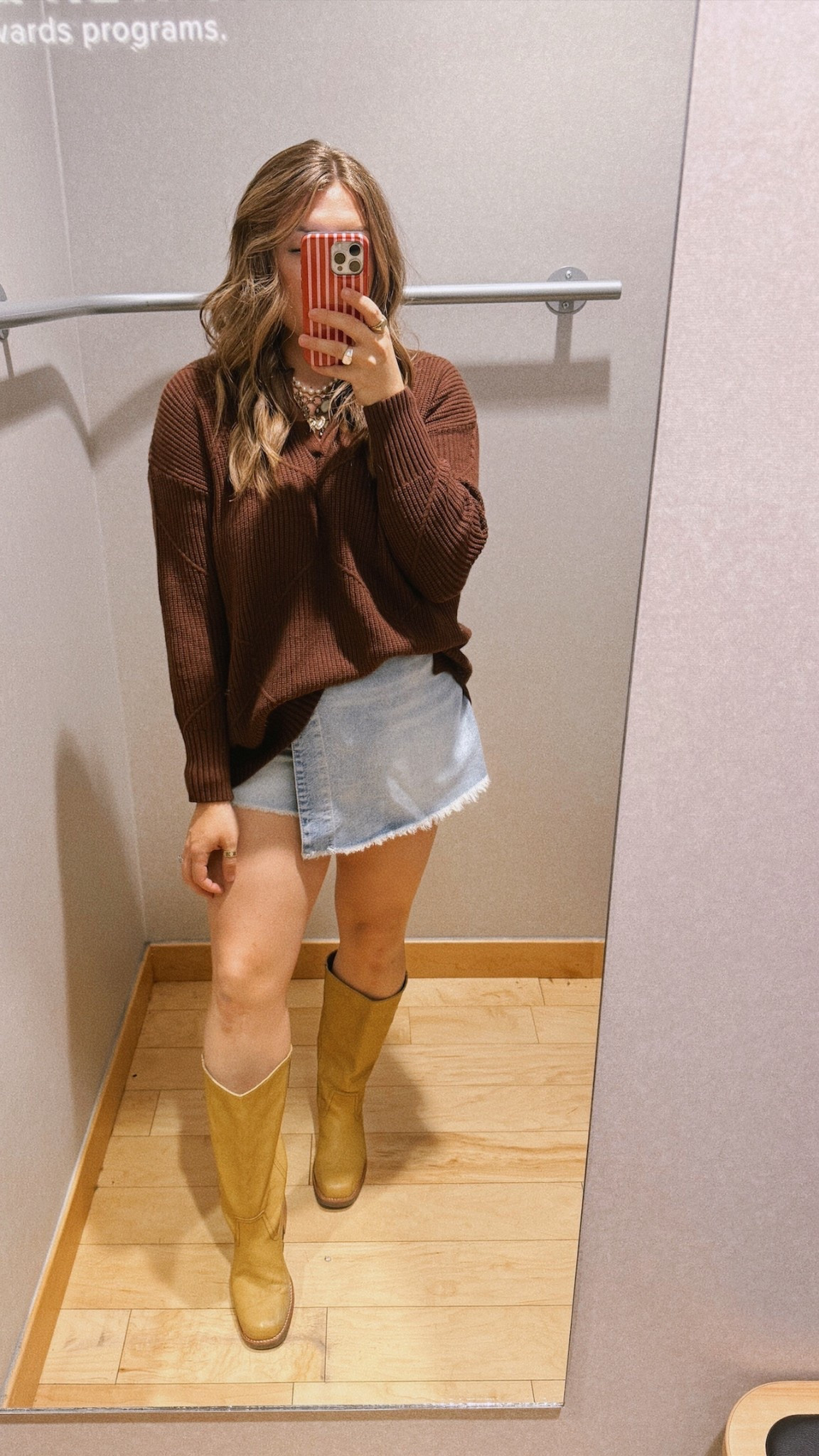 Fall sweater outfit ideas denim skirt frye boots 

#LTKSeasonal #LTKStyleTip