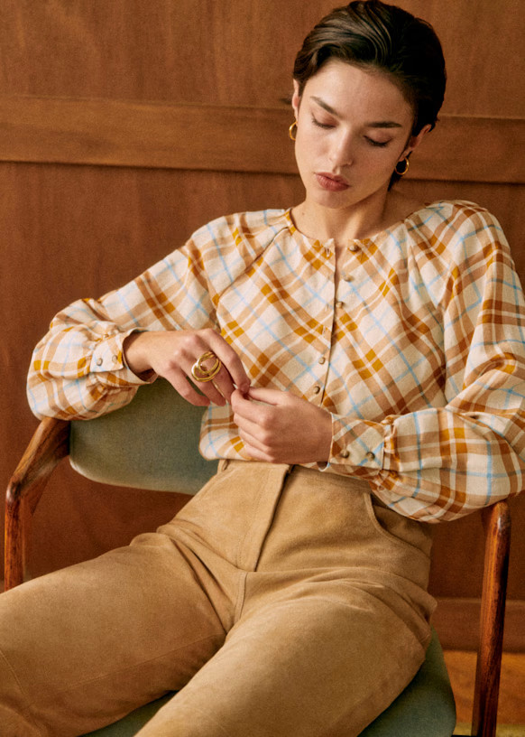Amya Shirt - Camel Check / Sky Blue - Linen - Sézane | Sezane Paris - US