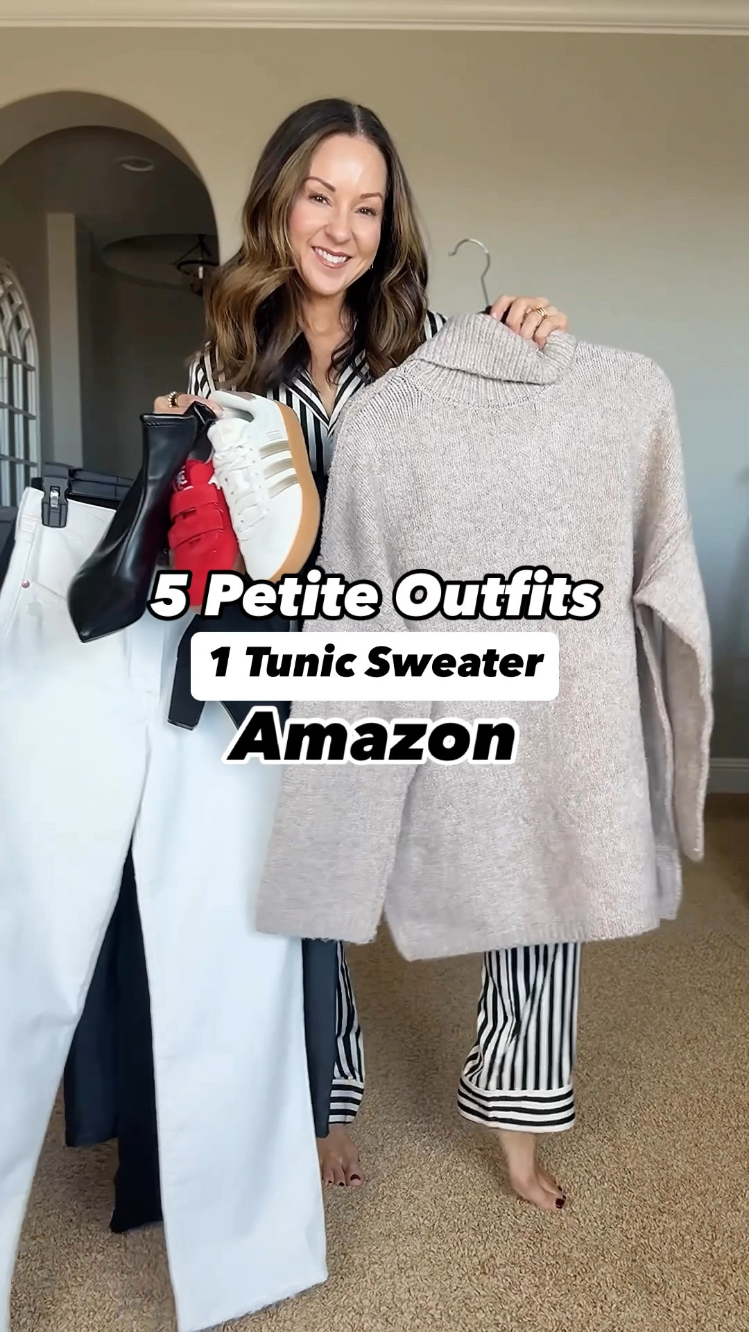 5 Easy outfits with one comfy turtleneck tunic sweater XS Khaki from Amazon 12 colors. 
cloud over white, off-white straight wide leg jeans 25, 
black wide leg jeans 2 short, 
faux leather leggings xs short, sweater belt, tall boots, I linked similar bags. 
Shoes all TTS
For reference: I'm 5'1", 109lbs. 

#LTKOver40 #LTKStyleTip #LTKFindsUnder50