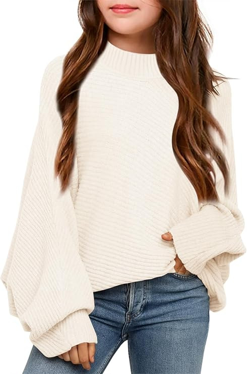 Mafulus Girl's Oversized Crewneck Fall Sweaters Kids Batwing Long Sleeve Slouchy Chunky Cute Pull... | Amazon (US)