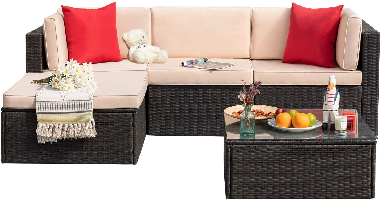 Devoko 5 Pieces Patio Sectional Set Outdoor Wicker Rattan Conversation Sofa with Cushion and Glas... | Walmart (US)