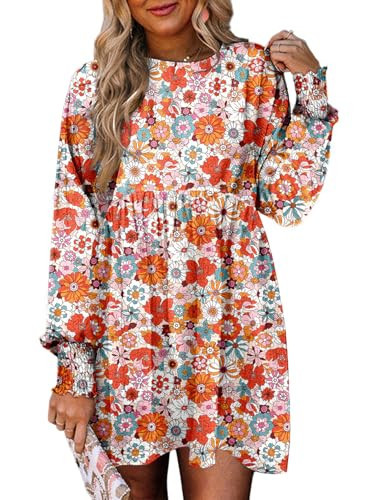 Dokotoo Spring Dresses for Women 2026 Casual Boho Floral Plus Size Dresses Cute Crew Neck Long Sleeve Empire Waist Mini Babydoll Dress Flowy Wedding Guest Tunic Shift Dress Orange Small | Amazon (US)