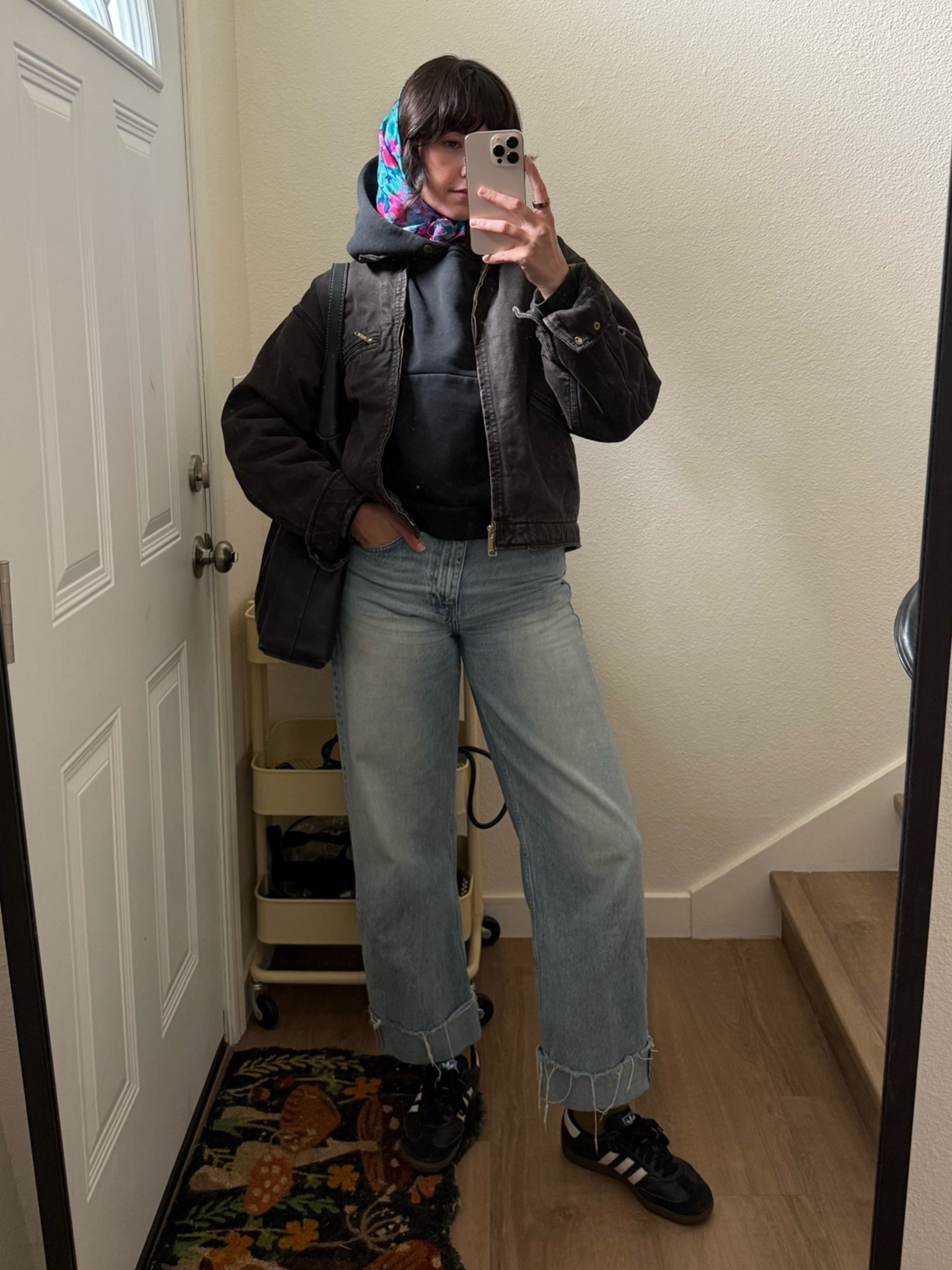 June 6 momfit for a toddler bday party & baby shower! June gloom is here. Wearing an XS in the jacket & hoodie, black is sold out but linked another color. Jeans are old frame, linked similar! Socks are beatenpathco (use code “katiemoore” at checkout for a discount 🫶🏼), shirt is shoparq, scarf is vintage - all tagged on ig.