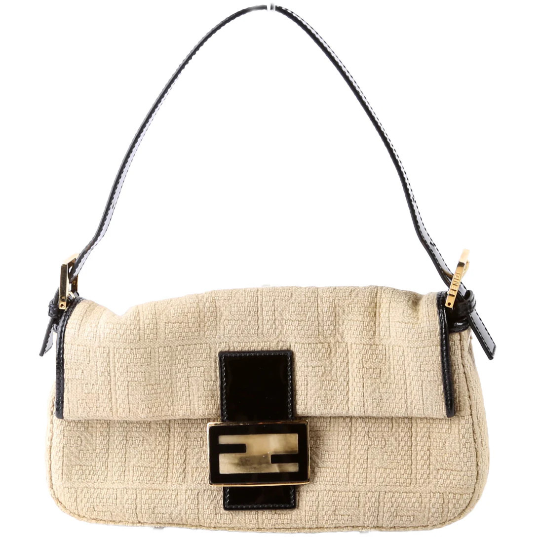 8BR600 Baguette FF Woven/Wood Beige/Black | Keeks Designer Handbags