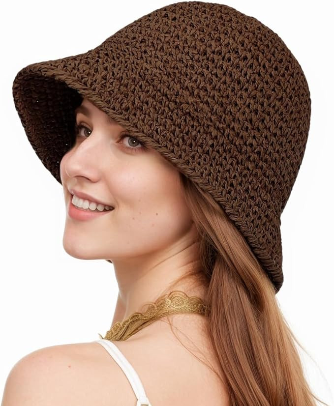 Womens Floppy Straw Sun Hat Packable Wide Brim Summer Beach Hat Foldable Crochet Bucket Hats | Amazon (US)