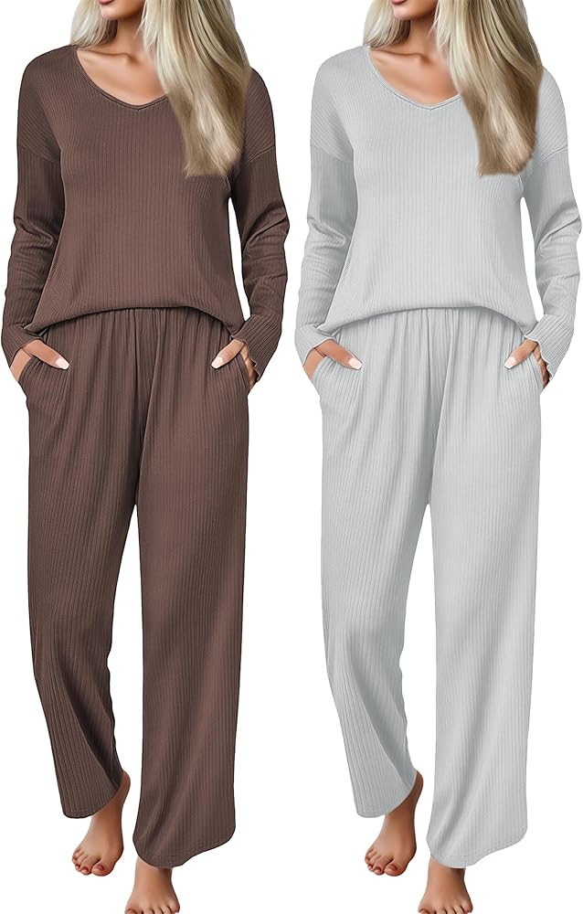Ekouaer 2 Pack Womens Ribbed Knit Pajama Sets V Neck Soft Lounge Sets Long Sleeve PJs Loose Match... | Amazon (US)