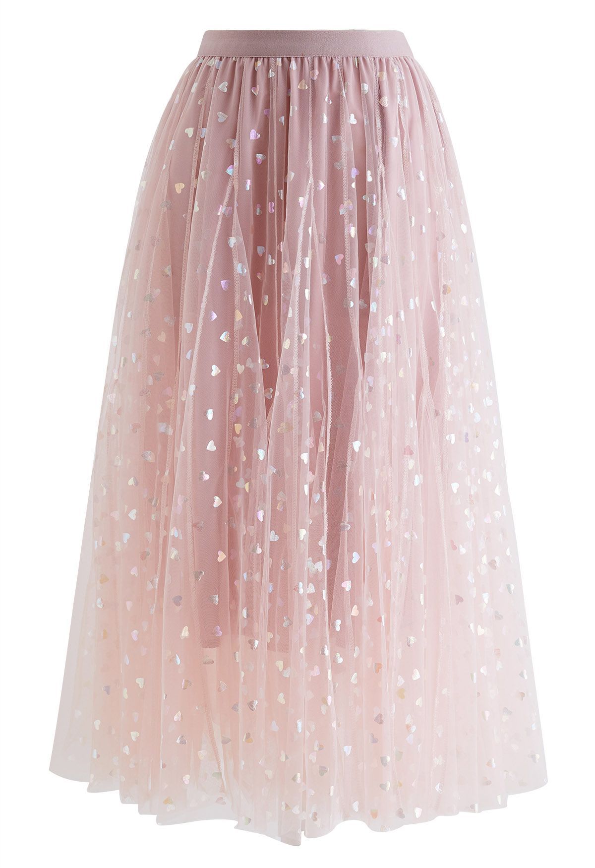 Iridescent Hearts Mesh Tulle Midi Skirt in Pink | Chicwish