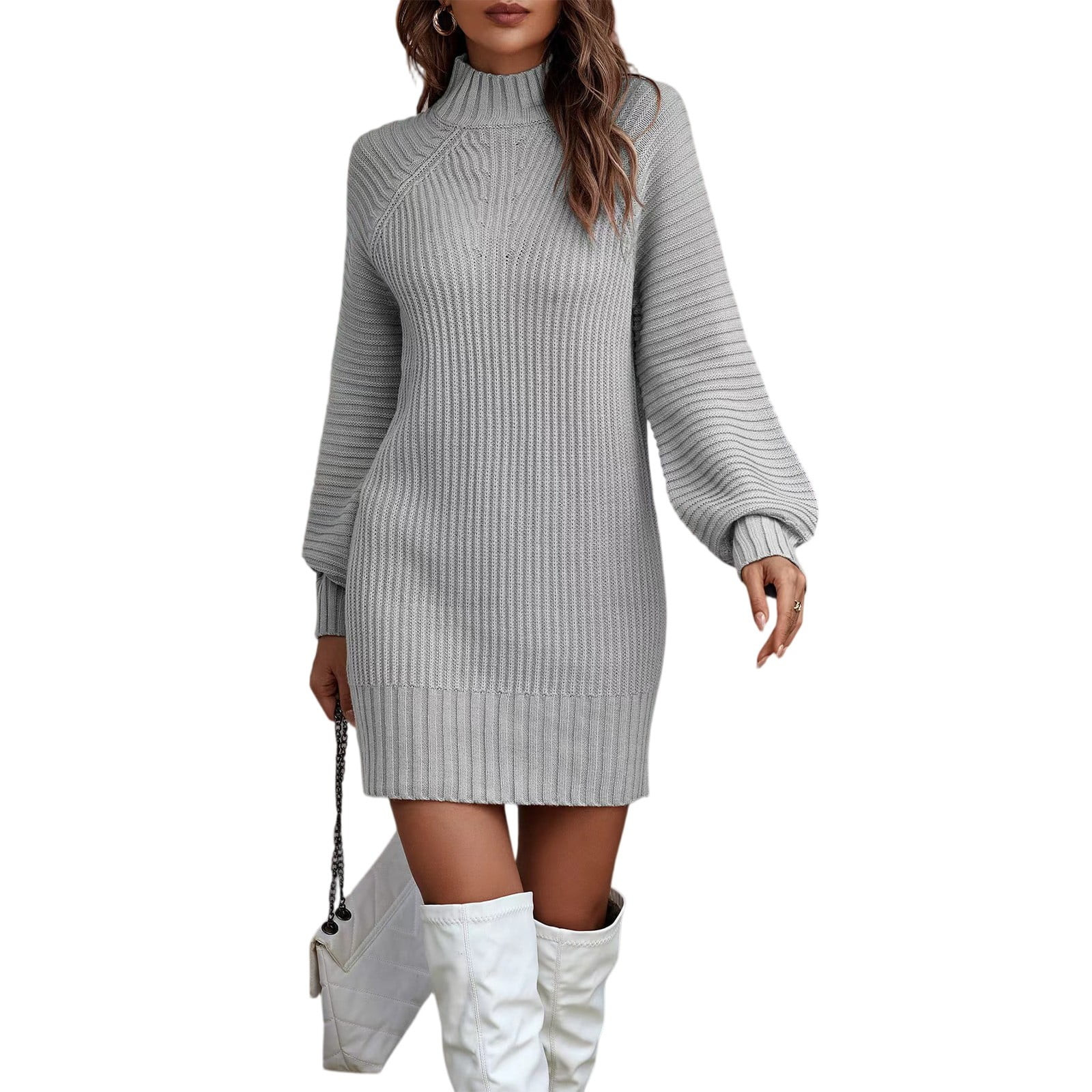 Stichou Women's Knitted Dresses Long Sleeve Casual Pleated Plain Dress Turtleneck Fall Winter Tre... | Walmart (US)