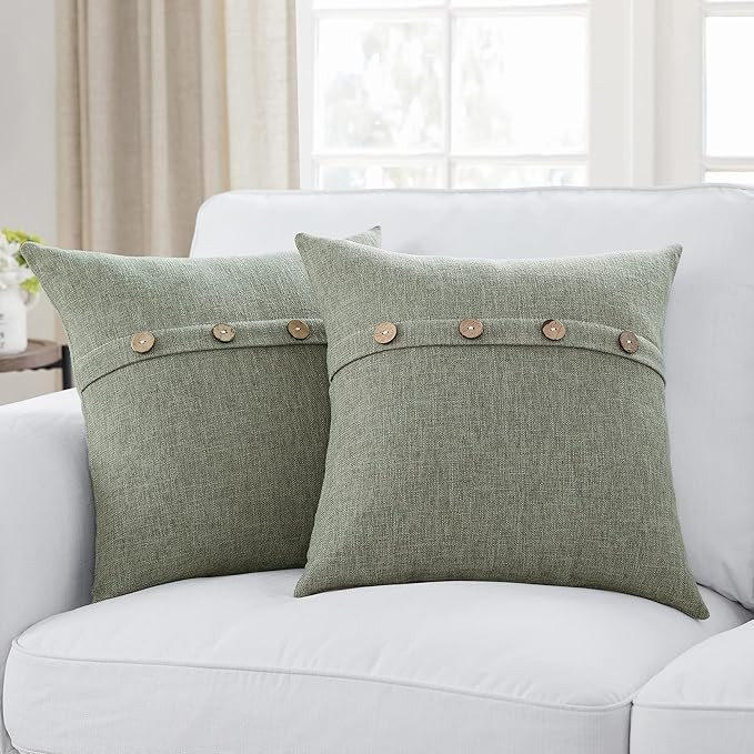 Meekio Set of 2 Dark Sage Square Pillow Covers 20 x 20 Farmhouse Pillow Covers with Coconut Butto... | Amazon (US)