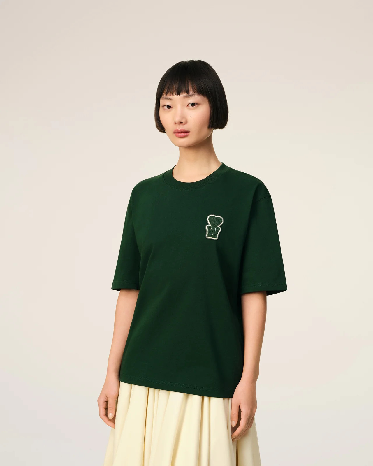 GREEN/OFF WHITE Green Cotton Boxy Fit T-shirt With Patch | AMI PARIS | AMI Paris UK