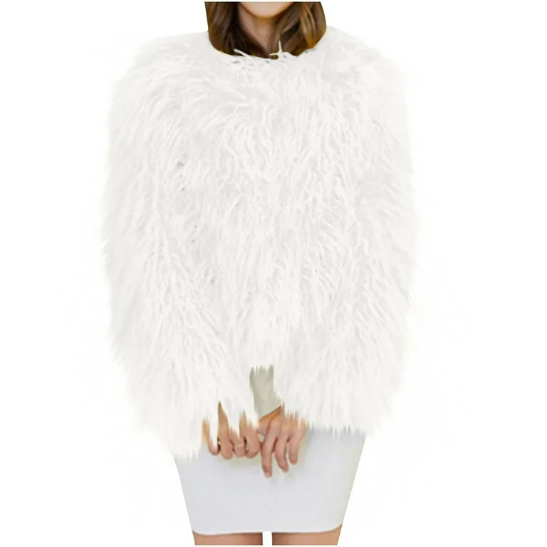 JGGSPWM Women's Cozy Shaggy Faux Furry Winter Outwear: Warm Long Sleeve Coat Jacket White L | Walmart (US)
