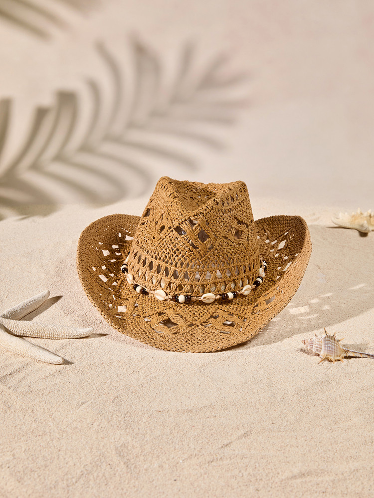 Tropiscape 1pc Bohemian Shell Hollow Out Straw Sun Hat, Western Cowboy | SHEIN