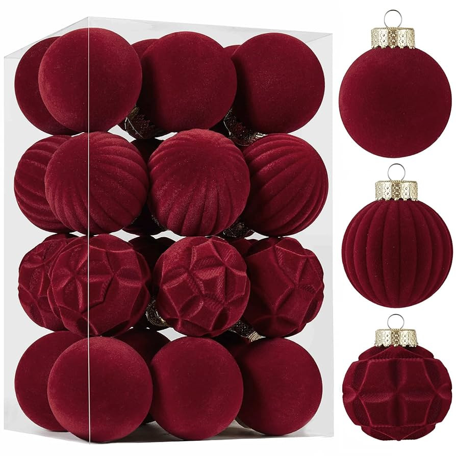 24pcs Velvet Ornaments for Christmas Tree -Flocked Shatterproof Christmas Ball Decorations Plasti... | Amazon (US)