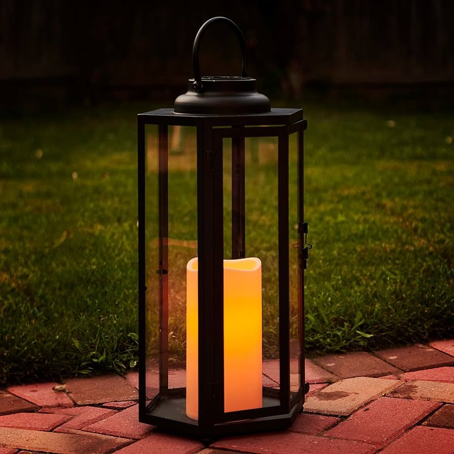 LampLust Outdoor Solar Powered Decorative Lantern with Flameless Candle 18 Inch, Black Metal with... | Amazon (US)