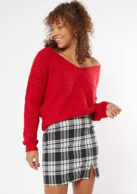 Red Fuzzy Eyelash Knit V Neck Sweater | rue21
