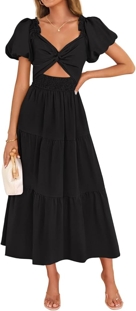 ZESICA Women's 2025 Boho Smocked Vacation Dress Short Puff Sleeve Twist Knot Cutout Flowy A Line ... | Amazon (US)