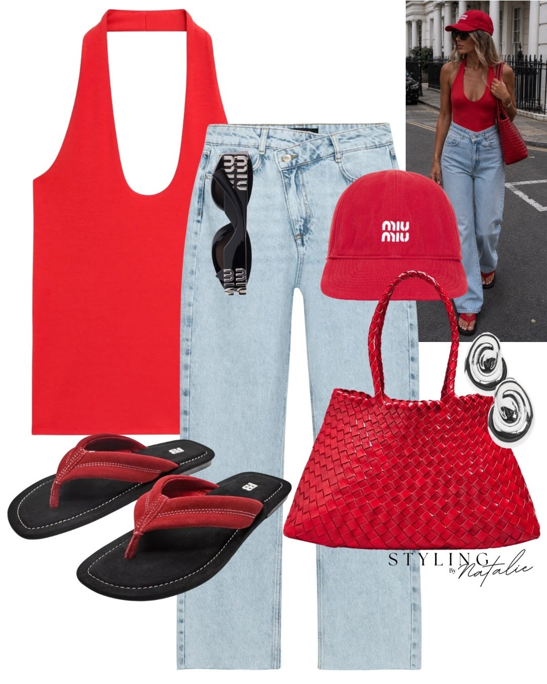 Red summer ❤️
Red halter neck top, cross waistband jeans, Miu Miu cap, woven tote bag, Miu Miu sunglasses and leather thong sandals.
Cool girl chic, London style, Miu Miu hat, heatwave, elevated casual, Zara style. @Zara @Pull & Bear

#LTKuk #LTKsummer #LTKeurope