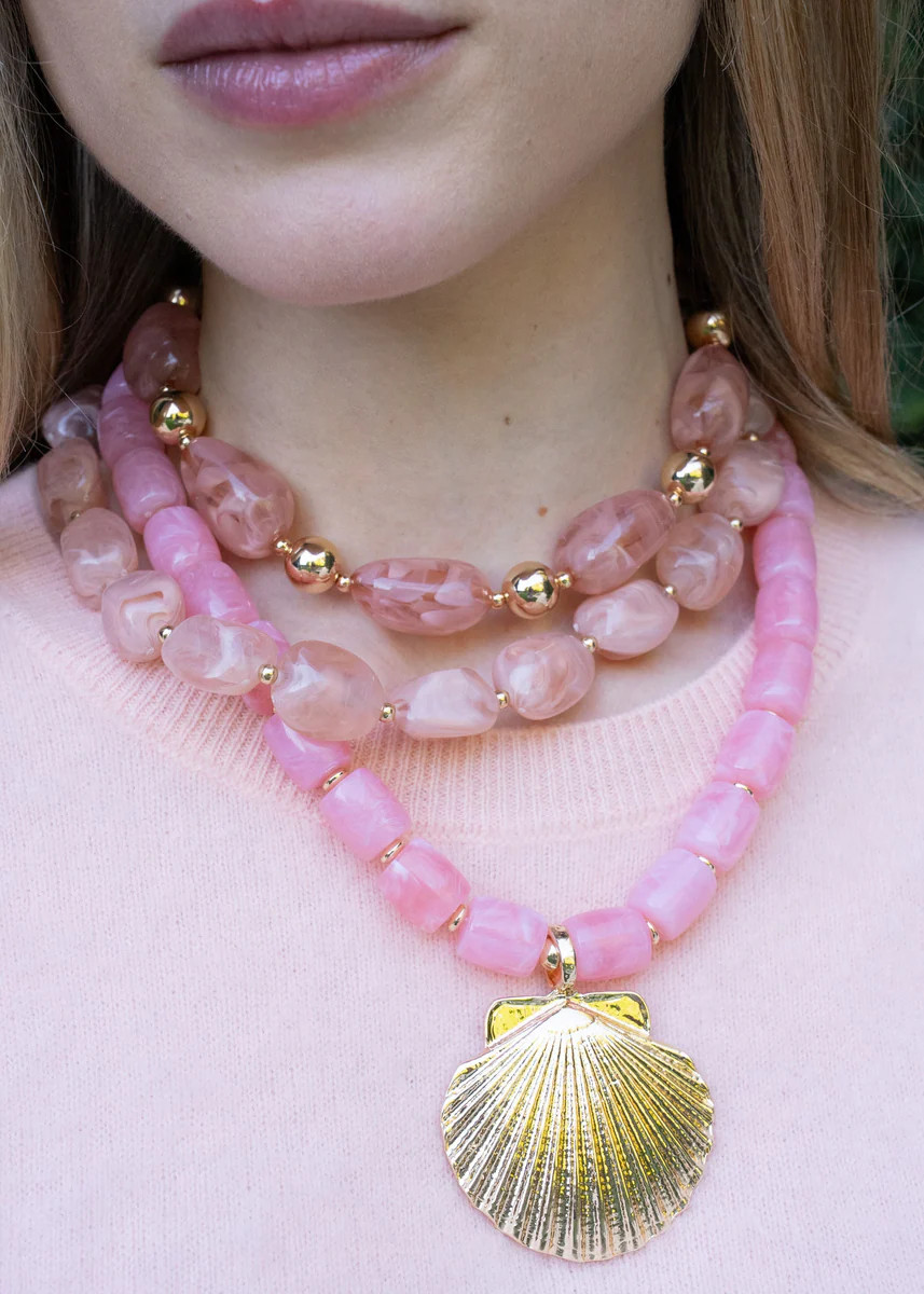 Nadine Beaded Gold Metal Shell Pendant Necklace - Pink | Benaar La
