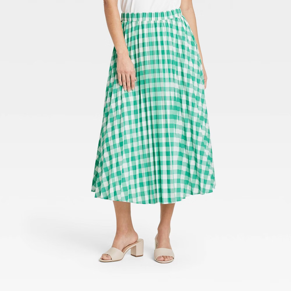 Women's Gingham Check Midi Pleated A-Line Skirt - A New Day Green XL | Target