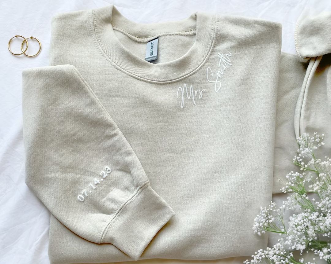 Personalized Mrs Sweatshirt, Custom Wedding Gift, Anniversary Gift for Her, Mrs Neckline Embossed... | Etsy (US)