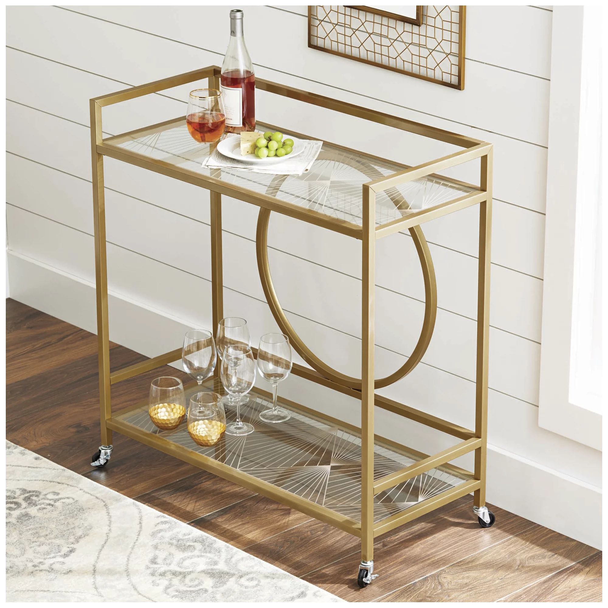 Better Homes & Gardens Nola Mid-Century Metal & Glass Bar Cart, Gold Finish | Walmart (US)