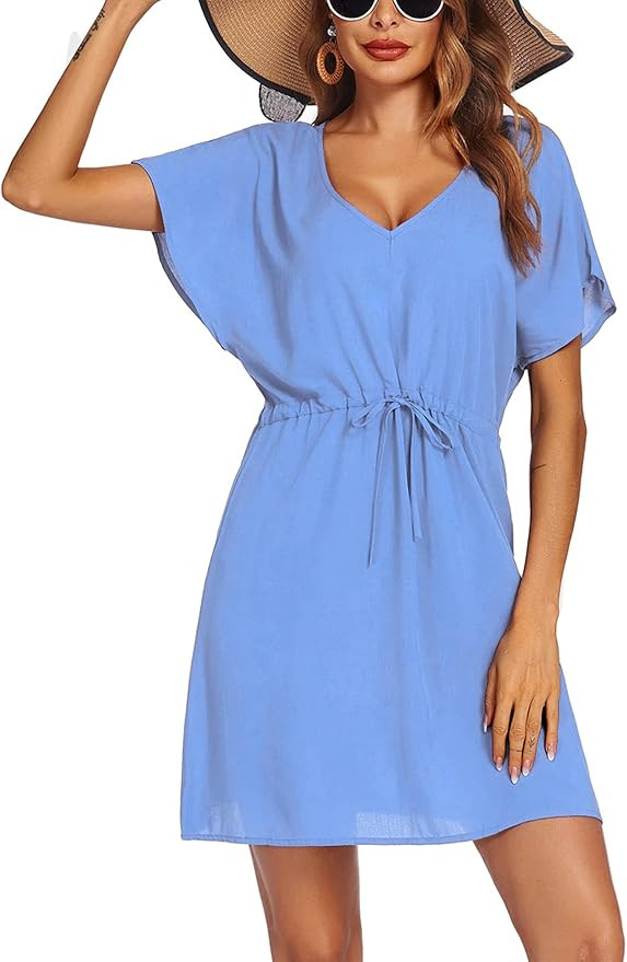 Ekouaer Women's Cover Up Short Sleeve Beachwear Coverups Loose V-Neck Bikini Beach Tunic Top | Amazon (US)