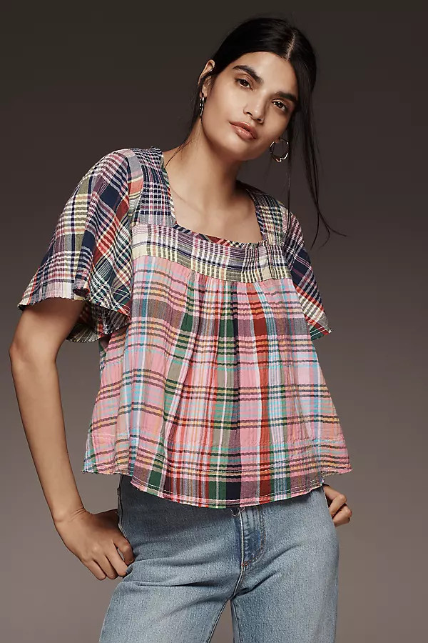 Pilcro Mixed Madras Flutter-Sleeve Blouse | Anthropologie (US)