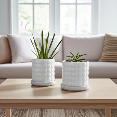 Ceramic Planter Set With Round Design And Drainage Tray, Durable Indoor Outdoor Decorative Container Accent For Modern Home Decor And Greenery Arrange | Wayfair North America