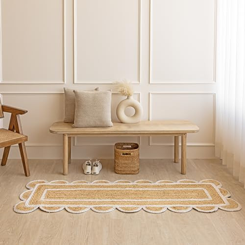 HOMEMONDE Scalloped Jute Runner Rug 2 x 8 ft - Natural Fiber Scallop Rug Rustic Vintage Braided Handwoven Indoor Carpet for Entryway/Kitchen/Bedroom/Living Room (Natural) | Amazon (US)