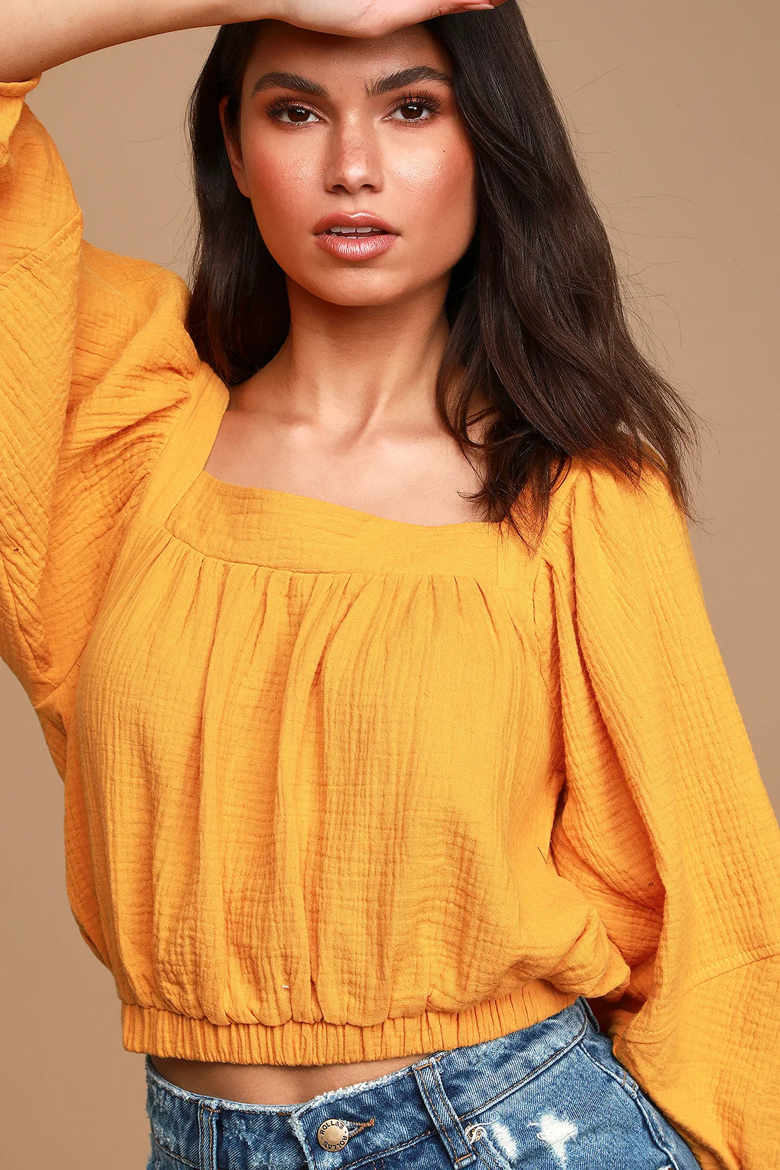 Where the Sun Shines Mustard Yellow Puff Sleeve Crop Top | Lulus